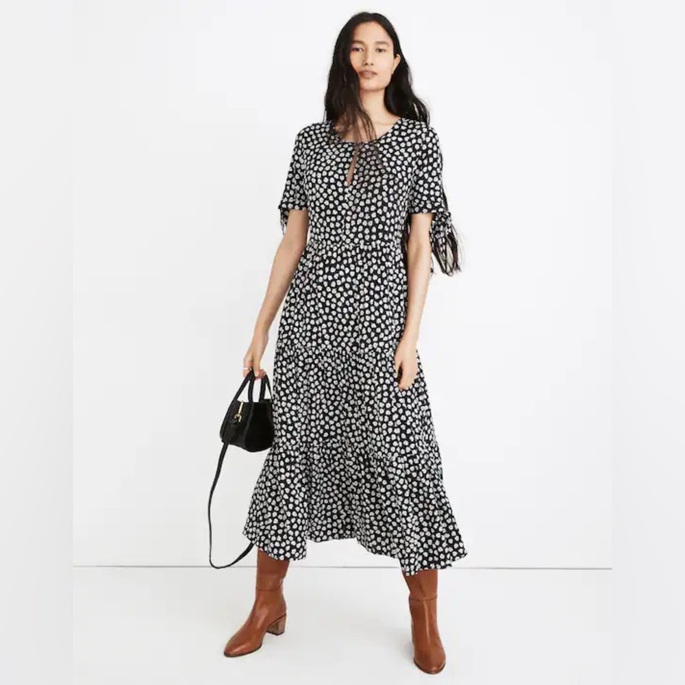 Madewell Dress Tie-Sleeve Tiered Midi in Woodcut Flowers Marlow Floral Size XXS